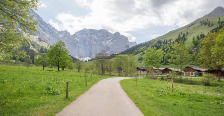 road to alpine village Eng Almen, karwendel mountains, tyrol destination. austrian tourist area in spring