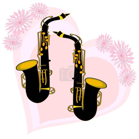 Téléchargez les illustrations : Couple saxophones vintage noirs sur fond de coeurs roses. - en licence libre de droit