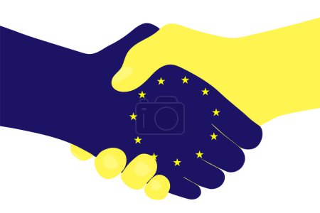 Ilustración de Un apretón. Ucrania y la Unión Europea han llegado a un acuerdo de unión económica. Imagen de las manos en un apretón de manos en colores azul y amarillo con estrellas sobre un fondo aislado. - Imagen libre de derechos