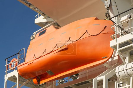 Powered lifeboat hanging from side of ship