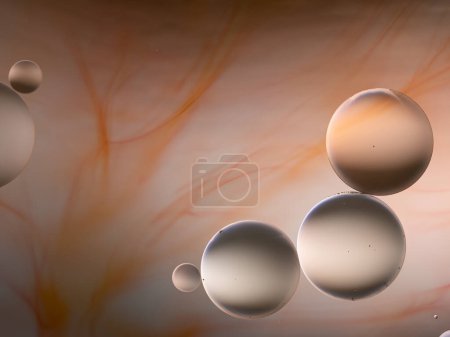 Oil droplets float on water against a warm, flame-like abstract background, creating an ethereal effect.