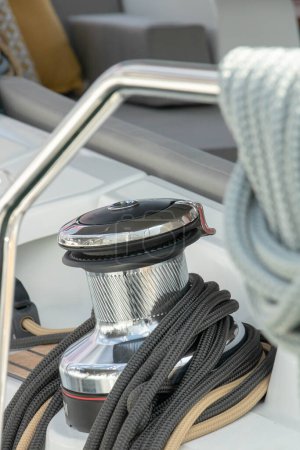 Photo for Sheet on sailboat winch rope to tack and rig sails Jeanneau 51 - Royalty Free Image