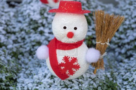 Téléchargez les photos : Bonhomme de neige avec plante décorative de neige pour la pièce maîtresse de table pour la veille et les célébrations de fin d'année de Noël et le réveillon du Nouvel An - en image libre de droit