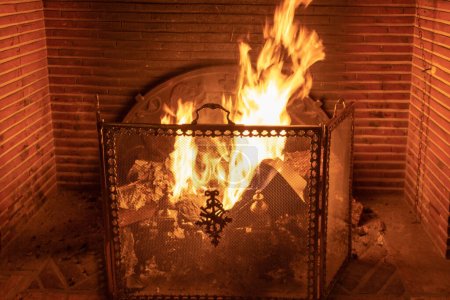 Téléchargez les photos : Feu dans le foyer d'une cheminée, avec sa grille résistante au feu et son contre-foyer - en image libre de droit