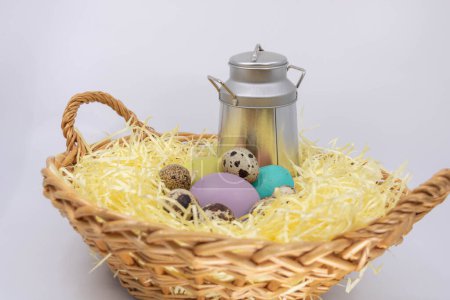 Easter on the farm, dairy products, eggs and old-fashioned milk jug