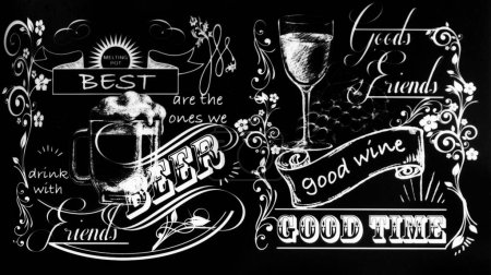 Photo for Old school style signboard for wine bar, cafe, bar, chalk restaurant on chalkboard beer and wine text in english with hand drawing - Royalty Free Image