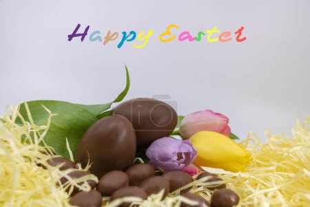 Téléchargez les photos : Pâques aux couleurs douces et pastel aux œufs et tulipes en chocolat - en image libre de droit