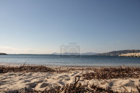 Meereslandschaft, Blick auf die Bucht von Juan-Kiefern im Winter, Sandstrand und Posidonia-Bett im Vordergrund und Cannes, Mandelieu La Napoule und Golf Juan im Hintergrund