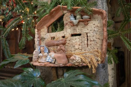 Christmas nativity scene made of wood bead
