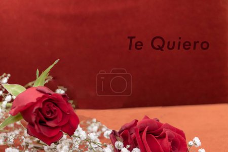 Téléchargez les photos : Gros plan sur roses rouges et carte blanche pour un message d'amour - en image libre de droit