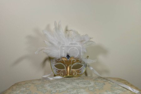 Téléchargez les photos : Demi masque domino en or et plume blanche, style rococo pour carnaval - en image libre de droit