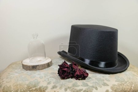 Costume and hat for magician on background, close up