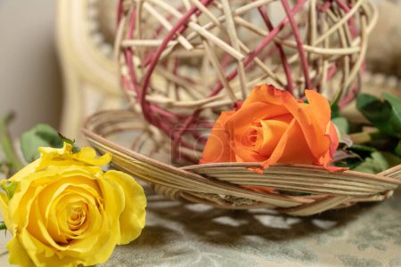 Téléchargez les photos : Set fleurs et vannerie pour une décoration féminine et naturelle - en image libre de droit