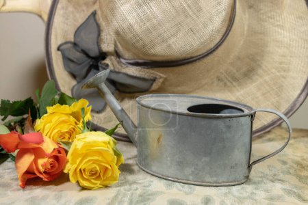 Téléchargez les photos : Accessoires pour femmes pour aller au jardin, arrosoir, roses et chapeau de paille très élégant - en image libre de droit