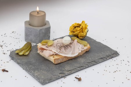 Photo for Simple butter ham sandwich but presented with elegance and romance - Royalty Free Image