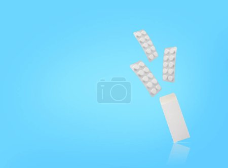 Three blisters of tablets and package are floating on blue backdrop. Copy space. Stock photo.