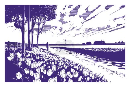 Ilustración de Tulip Valley con paisaje holandés, estilo retro monocromo. Ilustración vectorial con paisaje de campos de tulipán. - Imagen libre de derechos