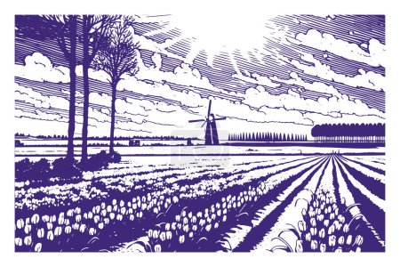 Ilustración de Tulip Valley con paisaje holandés, estilo retro monocromo. Ilustración vectorial con campos de tulipanes y un paisaje con un molino de viento en el fondo. - Imagen libre de derechos