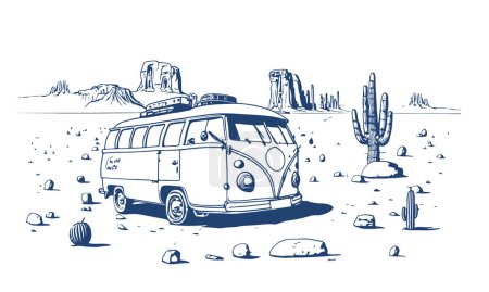 Téléchargez les photos : Rétro Hippie VAN près d'un paysage désertique avec cactus. Illustration vectorielle de croquis en ligne. - en image libre de droit