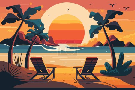 Illustration for Summer tropical background. Sunset or sunrise colors. Beautiful orange sky and nature landscape with two sun loungers without people on the beach. Flat style vector illustration. - Royalty Free Image