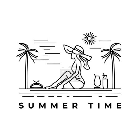 Ilustración de Girl in Hat Enjoying the Beach, Linear Illustration of a Relaxing Moment under the Sun. Vibras de verano y tiempo libre. Vector Obras de Arte. - Imagen libre de derechos