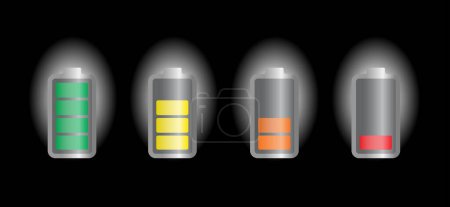 Illustration for Batteries logo. Cartoon battery charging. Charge indicator. Charge level, loading point. Level energy powerfully. Power, empty, full, low, up status. - Royalty Free Image