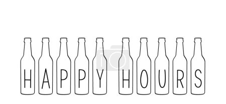 Illustration for Cartoon happy hours with botlle for pubs, nightclubs, bars, restaurants and cafe. For Drinking glass and bottle wine or beer concept. Fest time or party time. Smile face and clock - Royalty Free Image