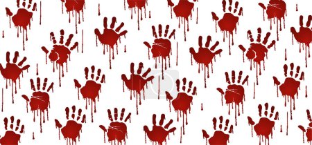 Handabdruck. Rote, blutige Handabdrücke. Tote, Blut, Horror und dreckige rote Palmen für die Halloween-Party. Vektorroter Tag. Gruselige Elemente mit Flecken, Spritzern und Strömen. Blutende Hand. Toter oder Leiche.