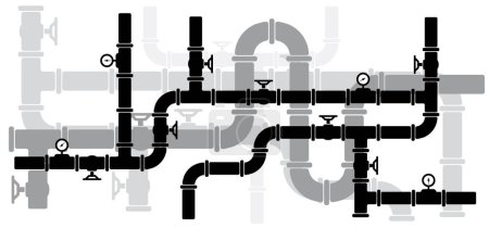 Illustration for Water, oil or gas pipeline with fittings and valves. Pipeline and black tap, open, close. Globe valve icon or pictogram. Vector pipe fitting symbol. Wastewater or Waste water logo. Distribution. - Royalty Free Image