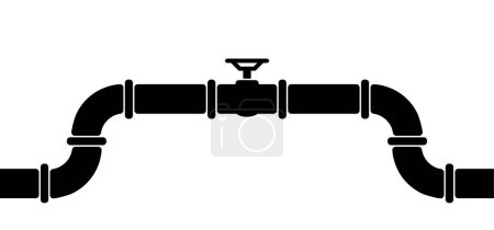 Illustration for Water, oil or gas pipeline with fittings and valves. Pipeline and black tap, open, close. Globe valve icon or pictogram. Vector pipe fitting symbol. Wastewater or Waste water logo. Distribution. - Royalty Free Image