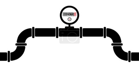 Illustration for Water, oil or gas pipeline with fittings and valves. Pipeline and black tap, open, close. Globe valve icon or pictogram. Vector pipe fitting symbol. Wastewater or Waste water logo. Distribution. Gas meter. - Royalty Free Image