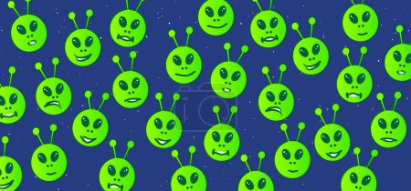 Illustration for Aliens faces. for Ufo flying spaceship. For world UFO day. Cartoon Flying saucer. Vector alien spaceships. Futuristic unknown flying object. Space ship logo or icon. Aliens face symbol - Royalty Free Image