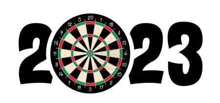 Illustration for Best wishes, we wish you a happy new year 2023 wit dart board symbol. Dartboard icon. Game board and darts game. Sports equipment and arrows. Throw single, double or triple - Royalty Free Image