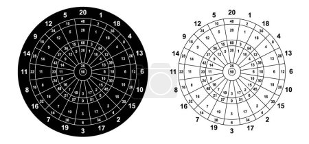 Illustration for Dartboard scoring template, nummber. Dartboard is divided into several rings and surfaces. Outer edge contains the numbers that indicate how many points a certain square is worth. Twenty numbered area - Royalty Free Image