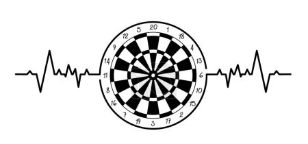Illustration for Cartoon heartbeat wave and dart board scoring symbol. Dartboard and pulse waves icon. Target competition Sports equipment and arrows. Throw single, double, triple or bullseye. - Royalty Free Image