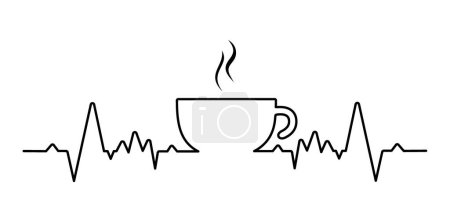Illustration for Heartbeat wave. Cartoon fresh coffee cup of thea cup in the morning. For coffee or tea bar. Relaxing, chill, motivation, inspiration message concept. Just moments, first break time. - Royalty Free Image