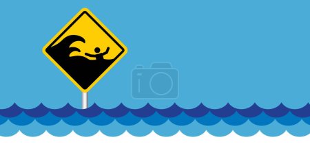 Zeichnung Karikatur Tsunami-Warnung, Schockwelle. Ein Tsunami ist eine extrem hohe Welle aus dem Meer, die unerwartet die Küste überschwemmt, normalerweise verursacht durch ein Seebeben. Hinweisschild.