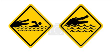 Illustration for Stop, beware of crocodile or caiman sigboard. Cartoon crocodilian or carnivore reptile warning sign for beach, river people in the water or ocean zone. Stickman swimming. Alligator, no swim area - Royalty Free Image