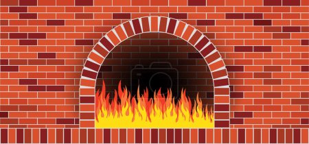 Stone brick pizzeria pizza oven. Firewood hot fired oven. Fire bakery, baker bread food.  Vector pizza cooker maker. Wood, wooden or stone kitchen for baked dough. Firebrick, fireplace BBQ or grill.