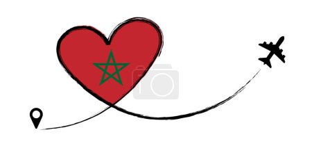 Morocco flag. Heart, love romantic travel. Symbol of  airplane, air plane, aircraft, aeroplane, flying, fly jet airline. Line path. Vector location pointer route. Travel. 