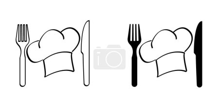 Illustration for Plate, fork and knife icon. Cartoon chef cap symbol. Kitchen cook or cooking hat. Vector menu logo or icon. School, work cuisine bakery. Ready to eat. Restaurant, baker food. - Royalty Free Image