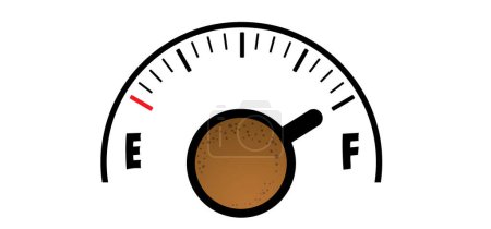Illustration for Cartoon coffee speed meter, power on. Coffee or tea break. Measuring scale with cup of coffee. Coffee time Vector icon or logo.Battery charge, full energy indicator. Energetic drink - Royalty Free Image