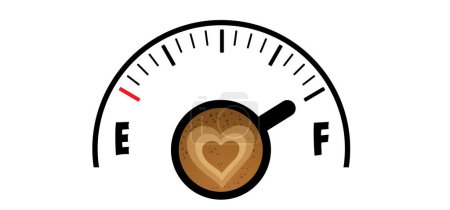 Illustration for Cartoon coffee speed meter, power on. Coffee or tea break and love heart icon. Measuring scale with cup of coffee. Coffee time. Battery charge, full energy indicator. Energetic drink - Royalty Free Image