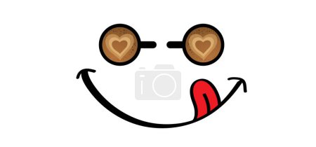 Illustration for Yummy smile face with red tongue lick and saliva. Two coffee or tea break. Cartoon cup of coffee. Coffee time or day. full energy power drinks. Energetic drink. For coffee shop. Love heart - Royalty Free Image