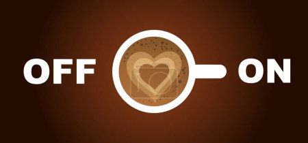 Illustration for Cartoon coffee power turn on or power off. Coffee or tea break. Measuring scale with cup of coffee. Coffee time. Vector icon or logo. Full energy charge. Energetic drink. Toggle switch. love heart - Royalty Free Image