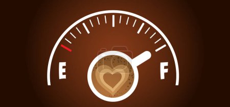 Illustration for Cartoon coffee speed meter, power on. Coffee or tea break. Measuring scale with cup of coffee. Coffee time Vector icon or logo. Battery charge, full energy indicator. Energetic drink - Royalty Free Image