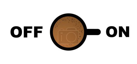 Illustration for Cartoon coffee power turn on or power off. Coffee or tea break. Measuring scale with cup of coffee. Coffee time. Vector icon or logo. Full energy charge. Energetic drink. Toggle switch - Royalty Free Image