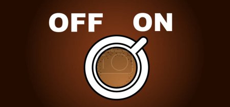 Illustration for Cartoon coffee power turn on or power off. Coffee or tea break. Measuring scale with cup of coffee. Coffee time. Vector icon or logo. Full energy charge. Energetic drink. Toggle switch - Royalty Free Image