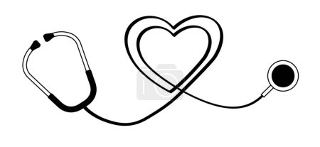 Stethoskop, Herzsymbol. Werkzeug des Arztes. Stethoskop-Kardiogerät. Gesundheitswesen, Herzschlag-Piktogramm. Das medizinische Stethoskop ist ein Instrument zum Hören von Geräuschen im Körper. Herzcheck, Linienpuls.