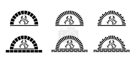 Téléchargez les illustrations : Cartoon fireplace or firewood oven. Stone brick pizzeria, pizza oven. Vector fire logo. Classic brick fireplace. For bakery, baker and bread food. Stone kitchen tools icon. - en licence libre de droit